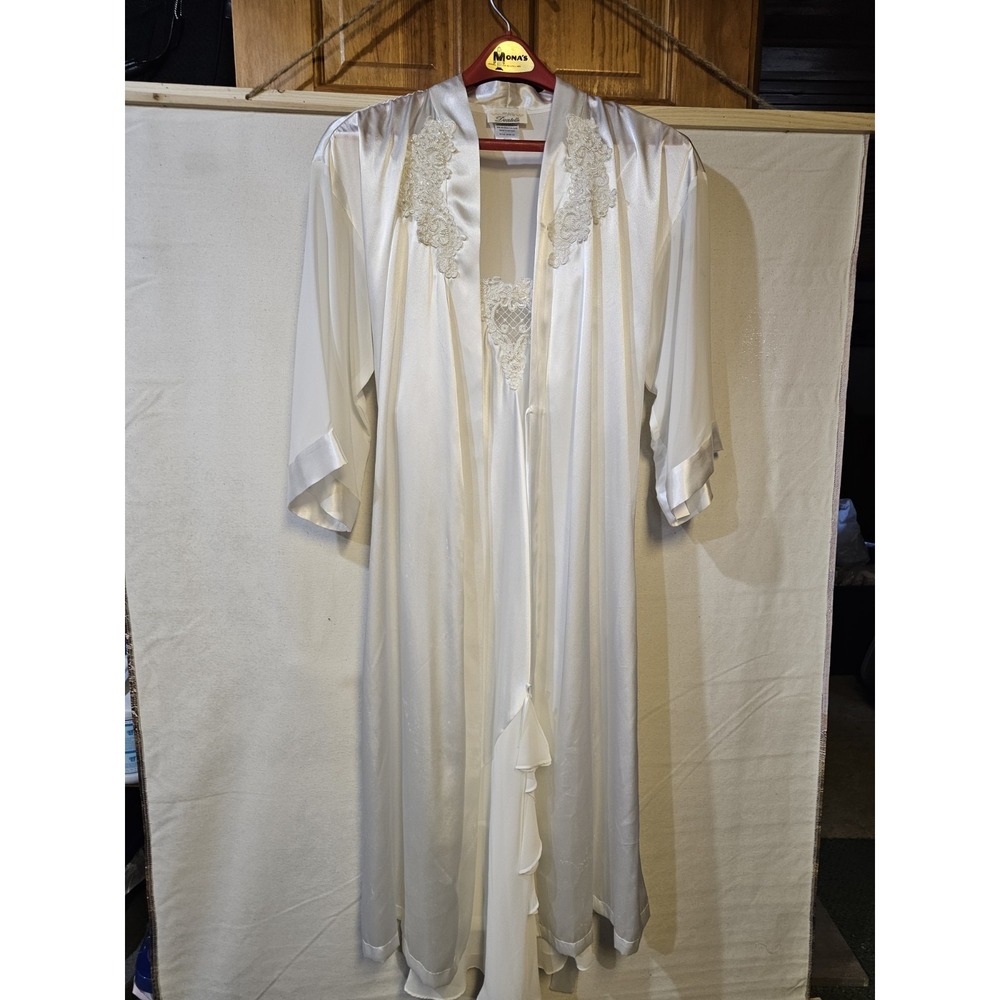 Women's White Satin Long Robe with Lace Trim
